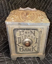 VINTAGE  ORNATE Cast Iron Coin Deposit Bank Safe Grey Iron Foundry Cherubs Angel