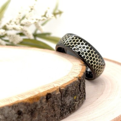 8mm Gold Honeycomb Pattern Ring Shiny Black Tungsten Christmas Gift Band For Her