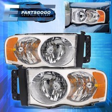 For 02-05 Dodge Ram 1500 2500 3500 Chrome Amber Headlights Headlamps Left+Right