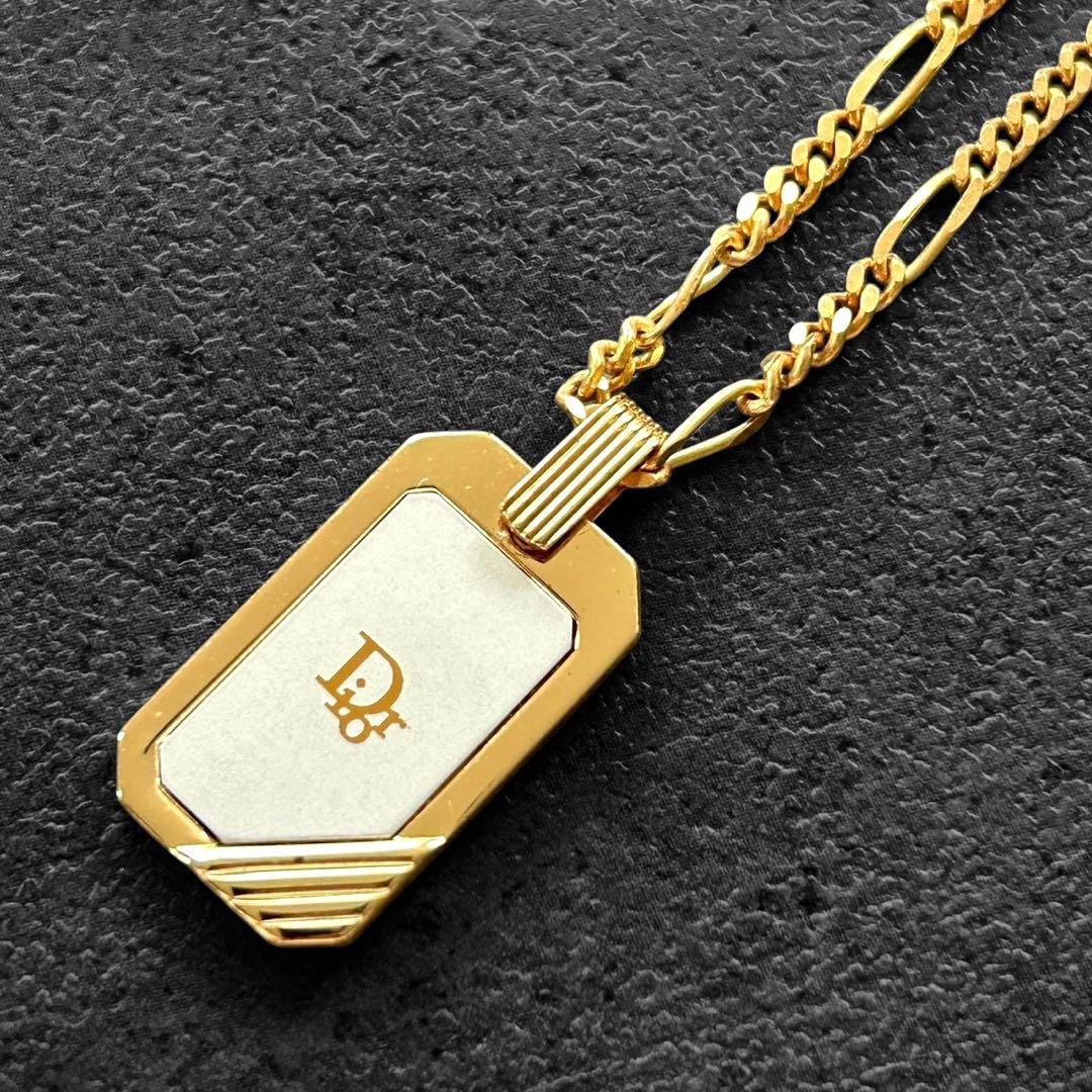 Christian Dior Logo Plate Gold Necklace Rhinestone