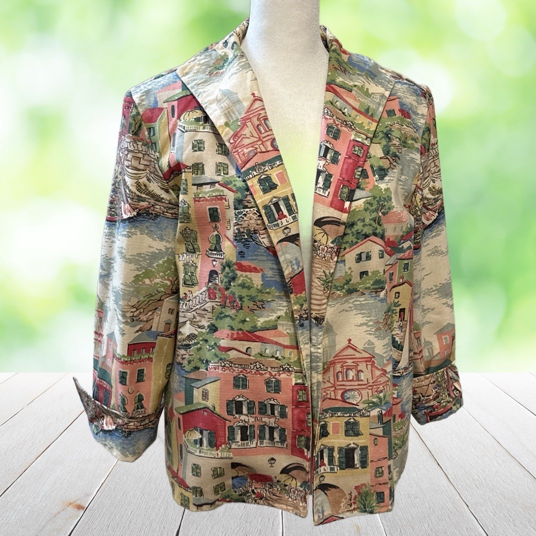 Giacca vintage PONY DIPINTO donna L scena Venezia cotone arazzo blazer artwear