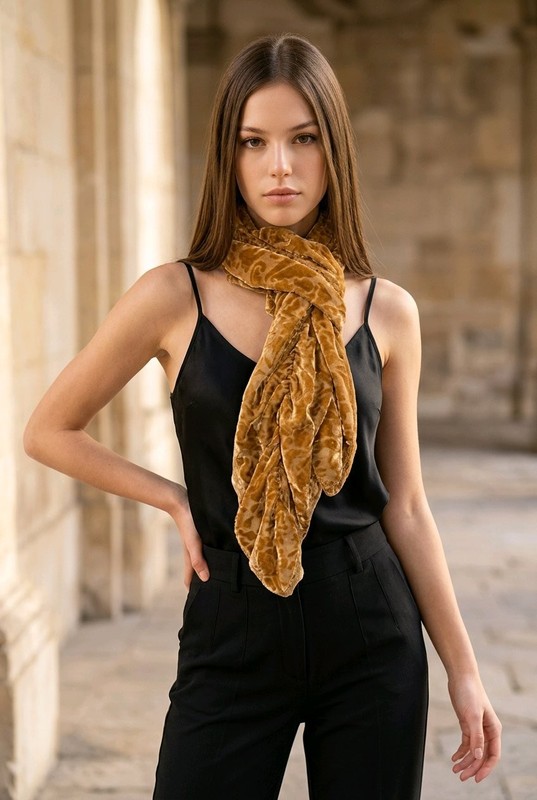 BETSEY JOHNSON NWT $58 Taupe Crushed Velvet Women's Elegant Scarf Lace Edging