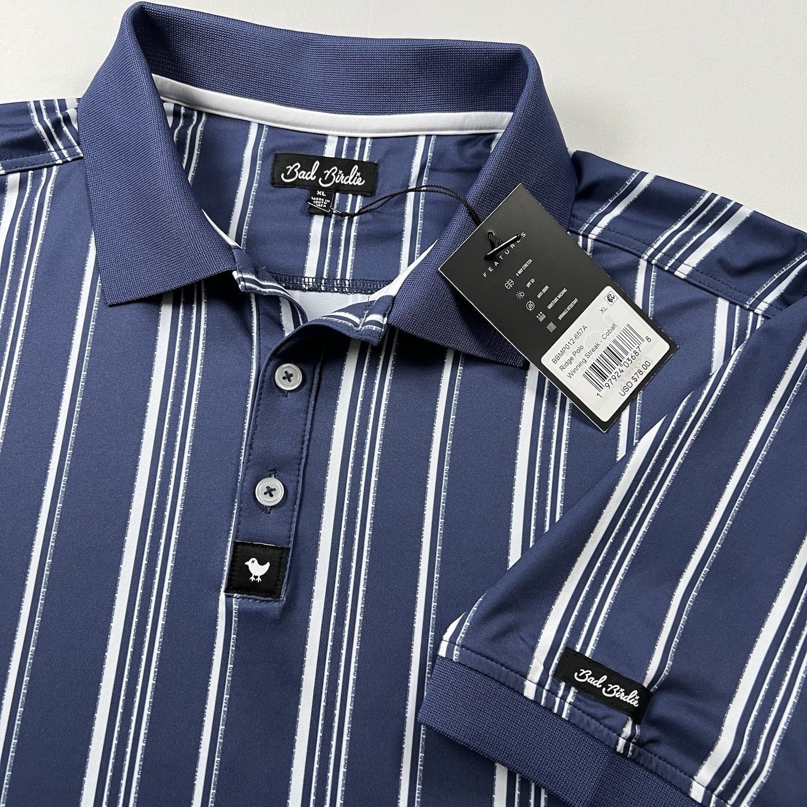 NWT Bad Birdie Men’s XL Ridge Polo Winning Streak Cobalt Blue Performance Golf