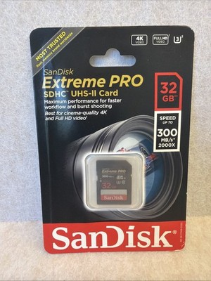 SanDisk Extreme Pro 32 GB SDHC UHS-II memory Card 300 Mb/s 2000x 4K NEW 