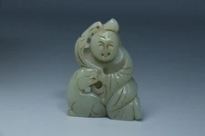 China Antique Qing Dynasty Old Hetian Jade Carved Boy Dog Figurines