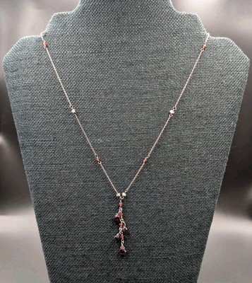 READ!! Vtg Sterling 925 Garnet & Quartz Y Drop Cable Chain Necklace 16.5''-18.5''