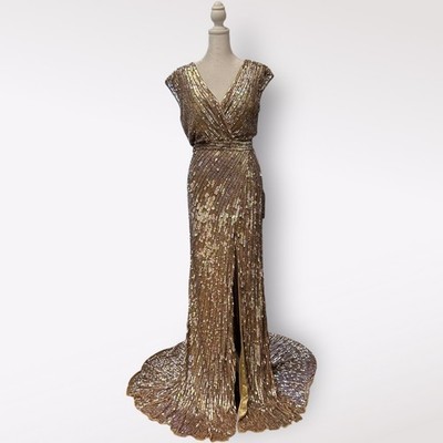 Mac Duggal Gold Sequin Cap Sleeve Gown 3785M Size 14 Long Formal Gown NWT