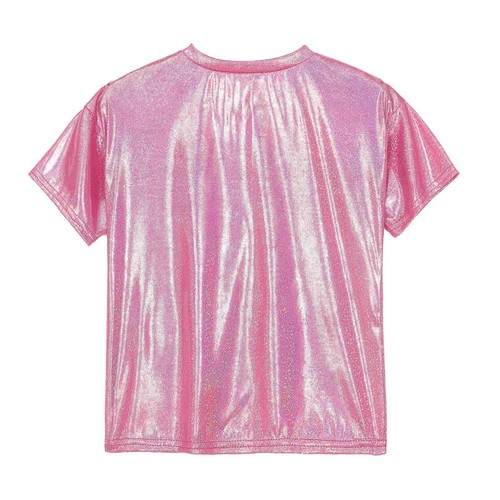 Kids Girls Boy Shiny Metallic Short Sleeve T-Shirt Jazz Hip Hop Ballet Dance Top - Picture 23 of 37