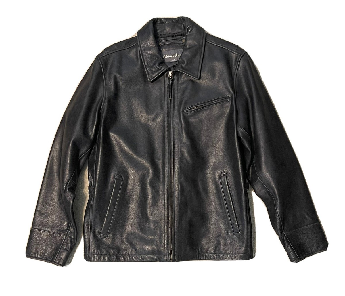 EDDIE BAUER Black Distressed Full Zip Leather Jacket Mens EDDIE BAUER Black Distressed Full Zip Leather Jacket Mens