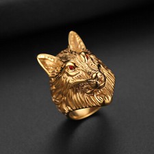 Mens Gold Plated Stainless Steel Lion Head of Judah Wedding Ring Red Rhinestone