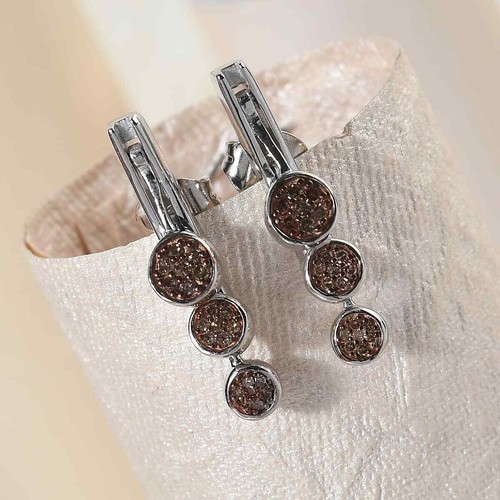 Natural Champagne & White Diamond Reversible Earrings Platinum Plated 0.50ctw - Picture 2 of 11