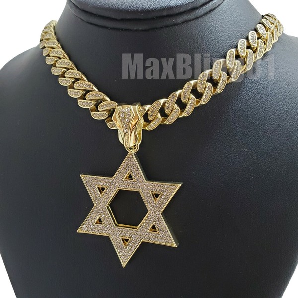 Alternate view of Gold Plated Star David Pendant Iced Cuban Cubic Chain Necklace