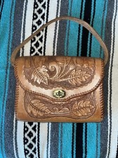 Vintage Hand Tooled, Leather Western Purse. Lined w/ Zip Closure interior Pocket