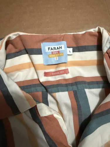 FARAH Short Sleeve Shirt Button Up Collared Large Striped 100% Cotton Casual Fit - Picture 2 of 4