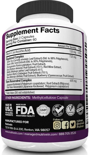 NUTRIVEIN RESVERATROL 1450mg Anti-Aging Antioxidant NAD+ NMN Booster 120 Caps - Picture 6 of 7