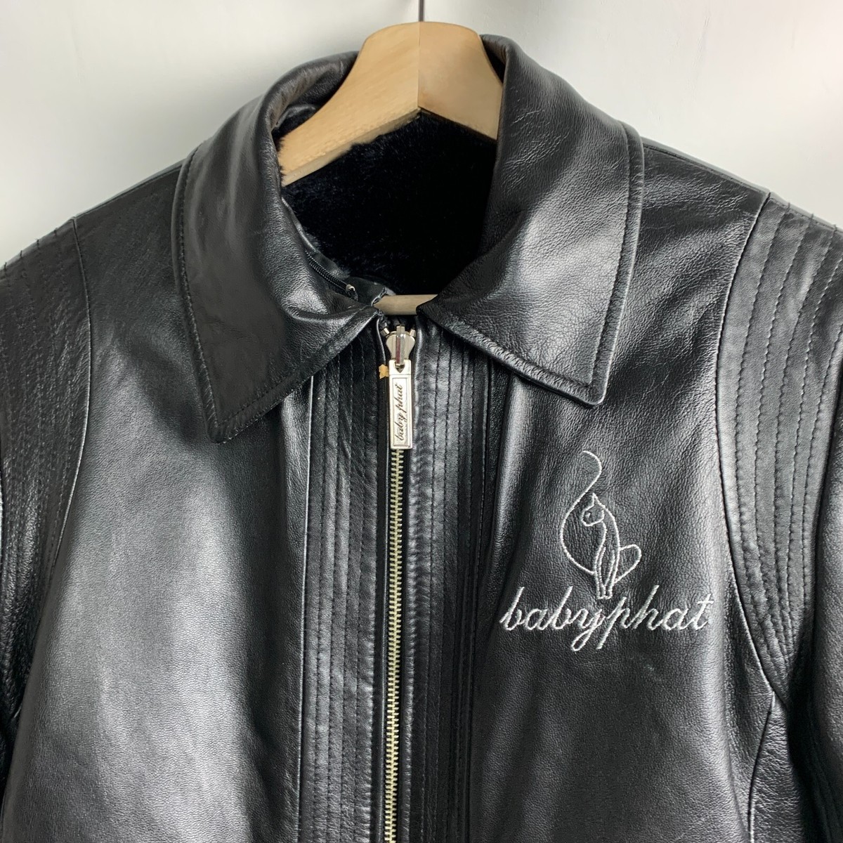 Baby Phat Vintage Reversible Jacket Black Leather/Faux Fur Collar