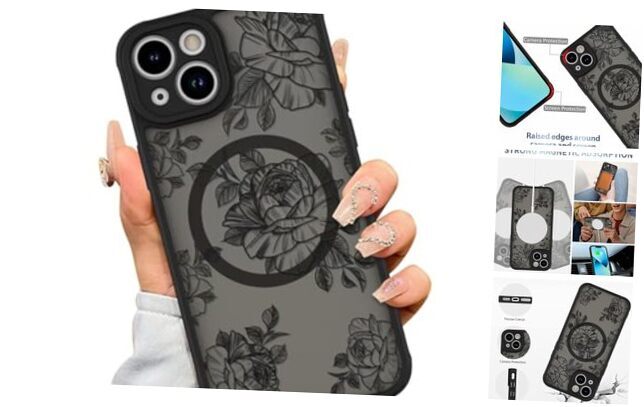 for Case [Compatible with MagSafe] Black Flower Floral Pattern iPhone 13