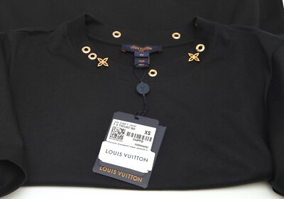 LOUIS VUITTON T-Shirt Black Side Strap Top Gold Monogram Short
