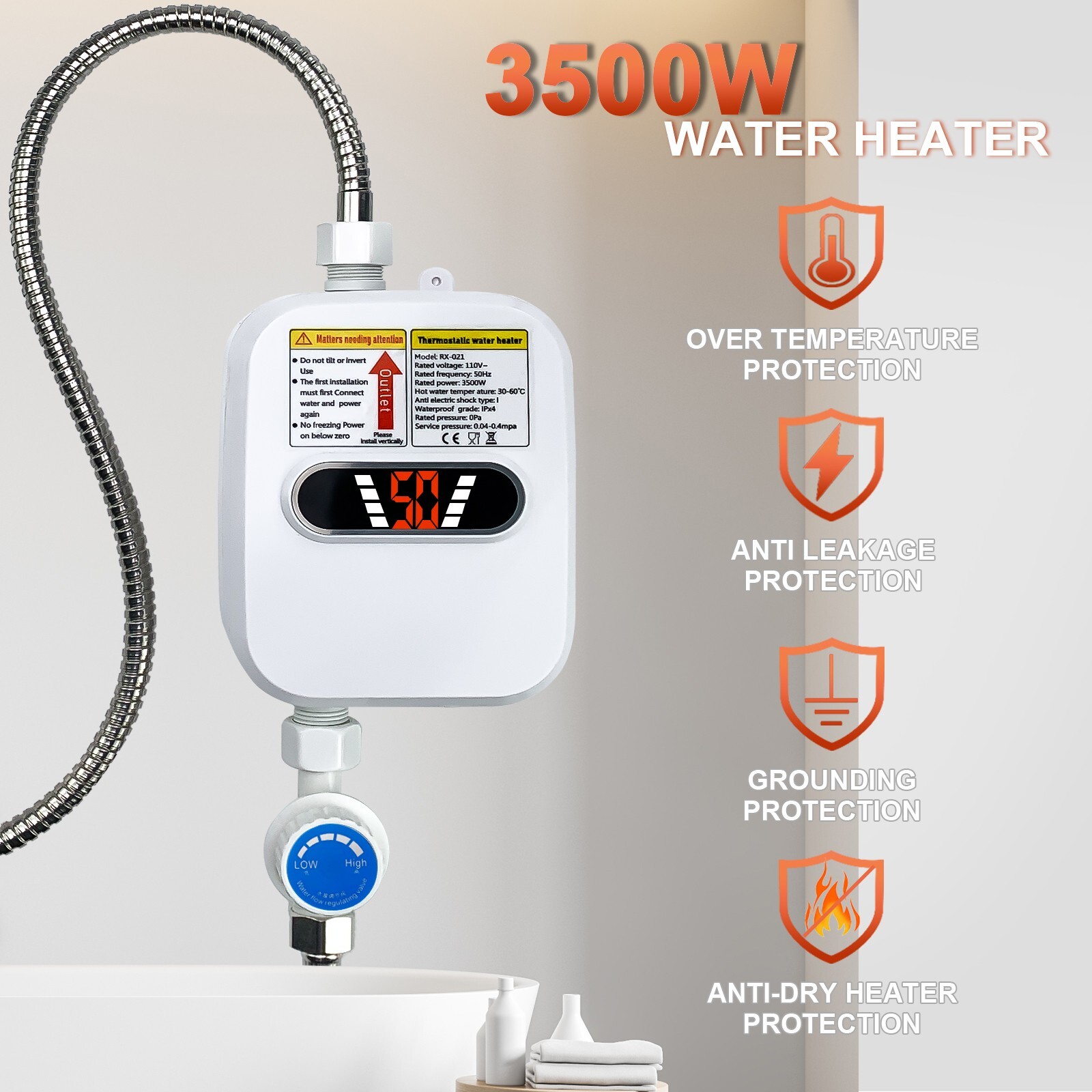 3500W Electric Tankless Water Heater Instant Hot Water Heater for