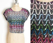 vintage 70s top black metallic sequin gradient disco colorful shirt blouse M