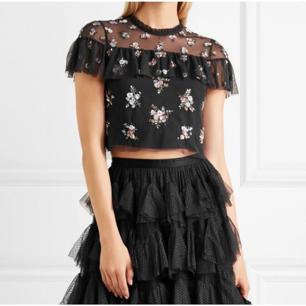 Needle & Thread Womens Embellished Tulle Mesh Crop Top 4US