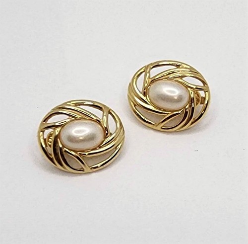 Trifari Gold Tone Faux Pearl Cabochon Framed Oval Clip On Earrings - Picture 5 of 7