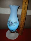 Vintage Hobnail Hobnob Milk Glass Hurricane Lamp Blue With Pink Flowers Works