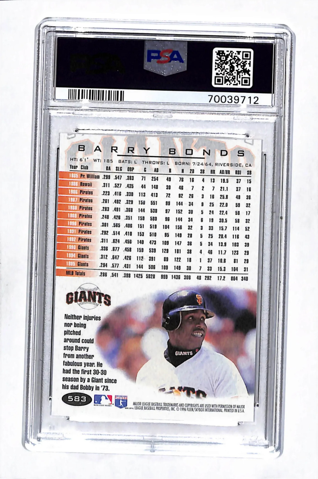 1996 Fleer Barry Bonds #583 PSA 10 view 2