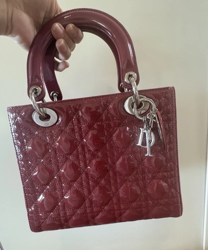Christian Dior Lady Dior Medium deep magenta / Deep Red Patent  Leather Bag +COA