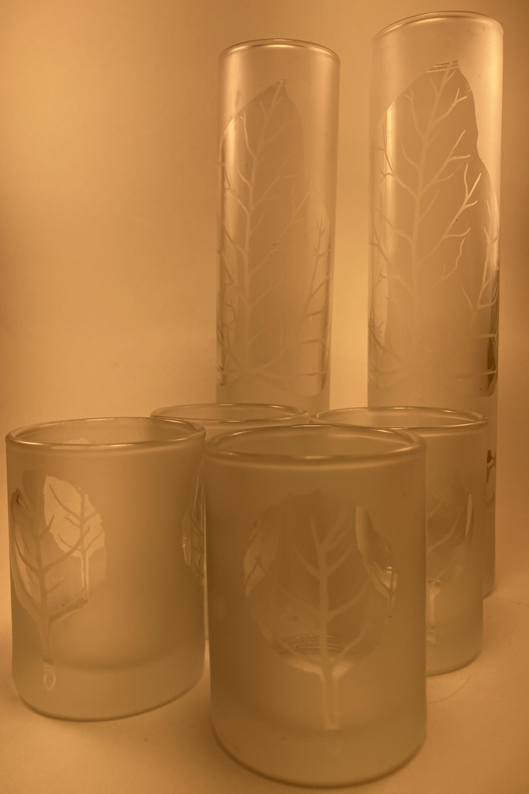 Frosted Etched Glass Votive Set with Birch Leaf Design - 2 Tall & 2 Short Candles