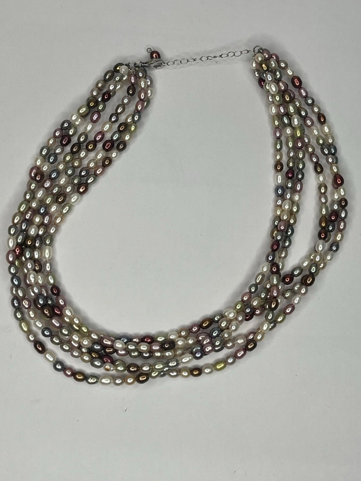 6 Strand Multi Color Genuine Pearl Necklace Sterling Silver 18-20 Inches