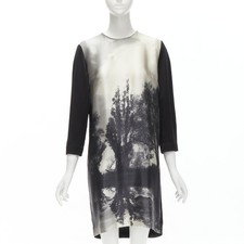 STELLA MCCARTNEY 100% silk black grey tree photo print crew neck dress