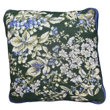 Vintage Floral Needlepoint Throw Pillow Dark Green Blue Floral Accent Pillow
