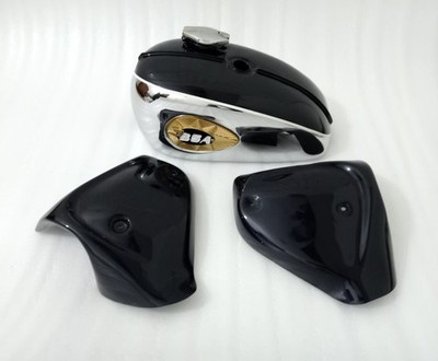 BSA A65 2 Gallon Black & Chrome Steel Petrol Tank + Side Panel + Badge + Cap