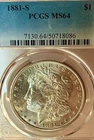 1881-S MS64 Dazzling Surfaces PCGS New Orleans Mint Morgan Silver Dollar