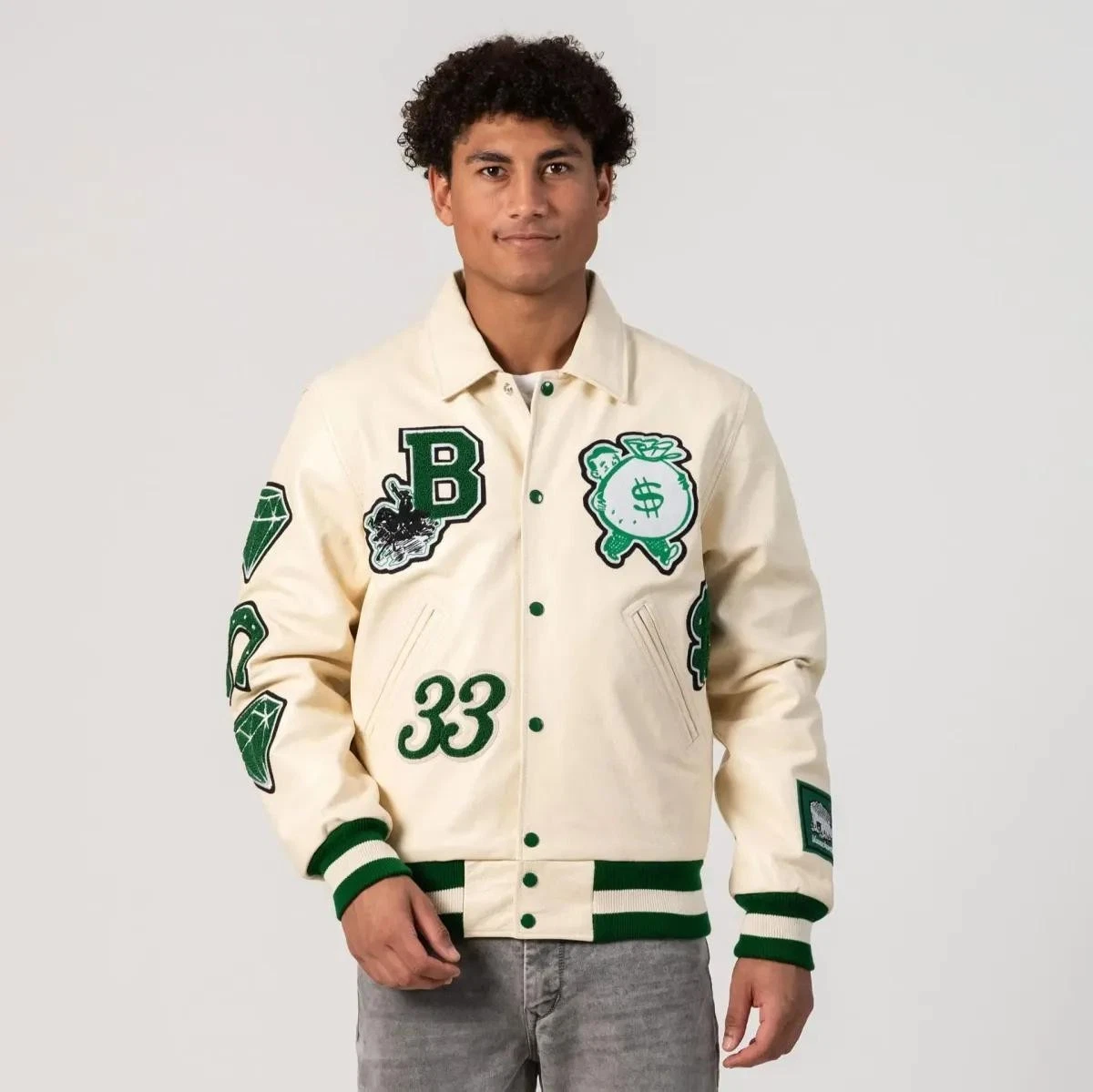 Boston Off-White Varsity Bomber Jacket – Limited Edition, Leather Jacket