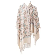 Embroidered Pashmina Shawl Wrap,Women’s Soft Tassel Scarf, Vintage Floral Beige
