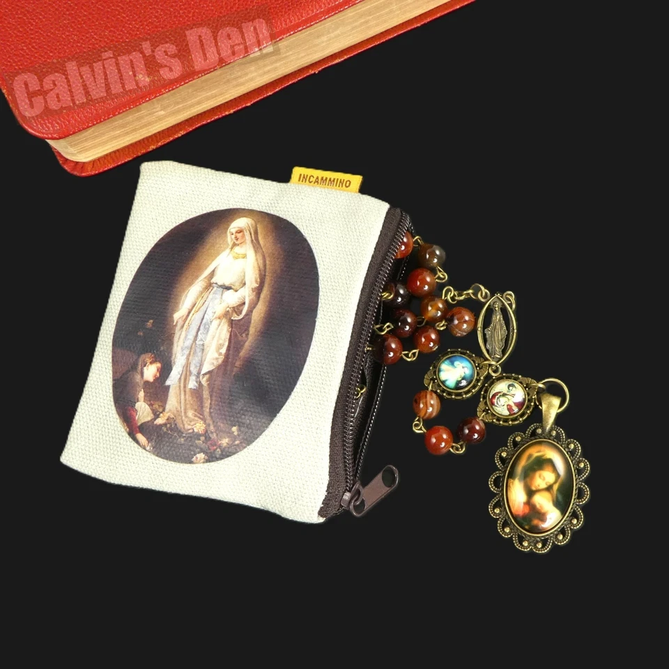 红色玛瑙珠念珠项链麦当娜和儿童天主教凸圆形男士女士礼物 — 第 2/4 张图片