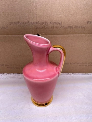 Vintage Pottery Flower Vase Pitcher Pink & Gold 6 1/2" maybe shawnee