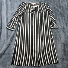 LOFT Black White Striped Long Sleeve Shift Dress Size 6 Side Slit Split Neck