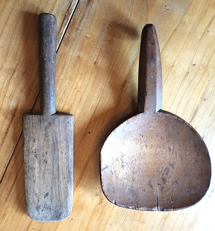 Antique Primitive Hand Carved Wooden Butter Scoop and Butter Paddle