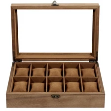 10 Slots Watch Box Wooden Jewelry Organizer Display Case with Glass Lid Gift