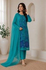 Turquoise Hand Embroidered Crepe Suit with Organza Dupatta Custom Color Size