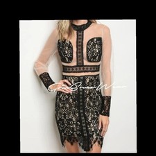 GSW Sexy Black Lace Long Sleeve Mesh Dress Casual Party Summer Fashion Stylish