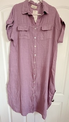 Puro Lino Linen Shirt Dress Made Italy Oversized Purple Button Front One Size