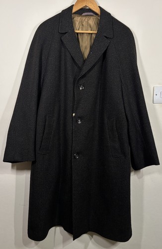 Crombie, 1950s KAYCEE Mens 44 Crombie Cloth Tweed Overcoat Wool Black Topcoat Vintage