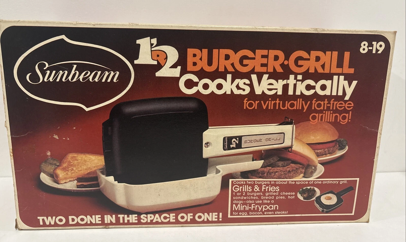 VINTAGE 1976 Sunbeam 1 or 2 Burger Grill NEW Cooks Vertically To Drain The Fat!