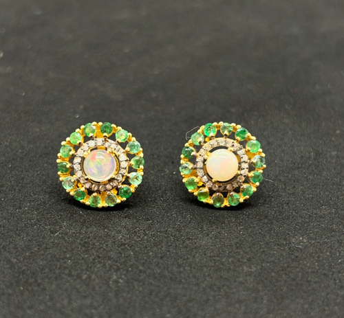 925 Sterling Silver Fine Quality Emerald Ethiopian Opal Gemstone Earring - Picture 2 of 3