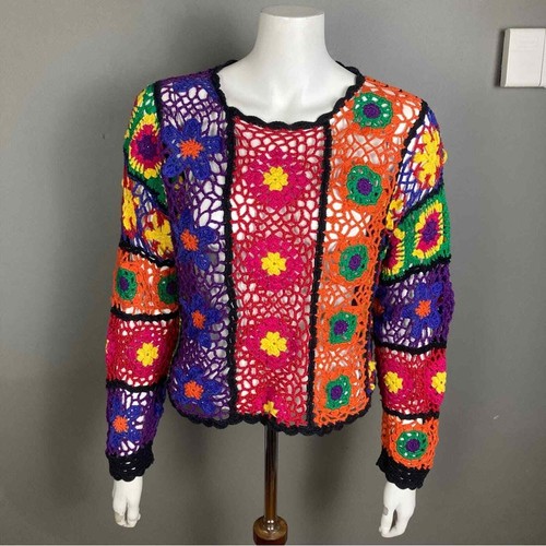 Knitting Needles sweater small granny square handknit colorful vintage - Picture 2 of 14