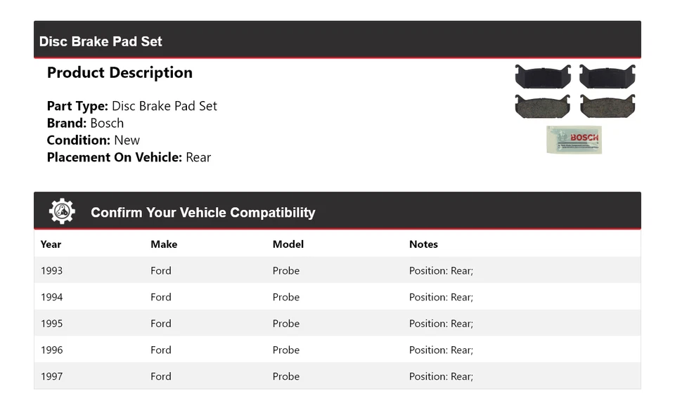适用于 1993 - 1997 年福特 Probe Bosch 蓝色陶瓷刹车片 1994 年后部 1996 年 — 第 2/3 张图片